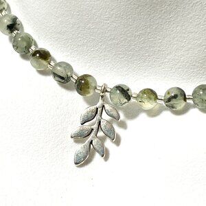 Genuine Prehnite Short Necklace, Natural Gemstone & Silver Leaf Branch Pendant